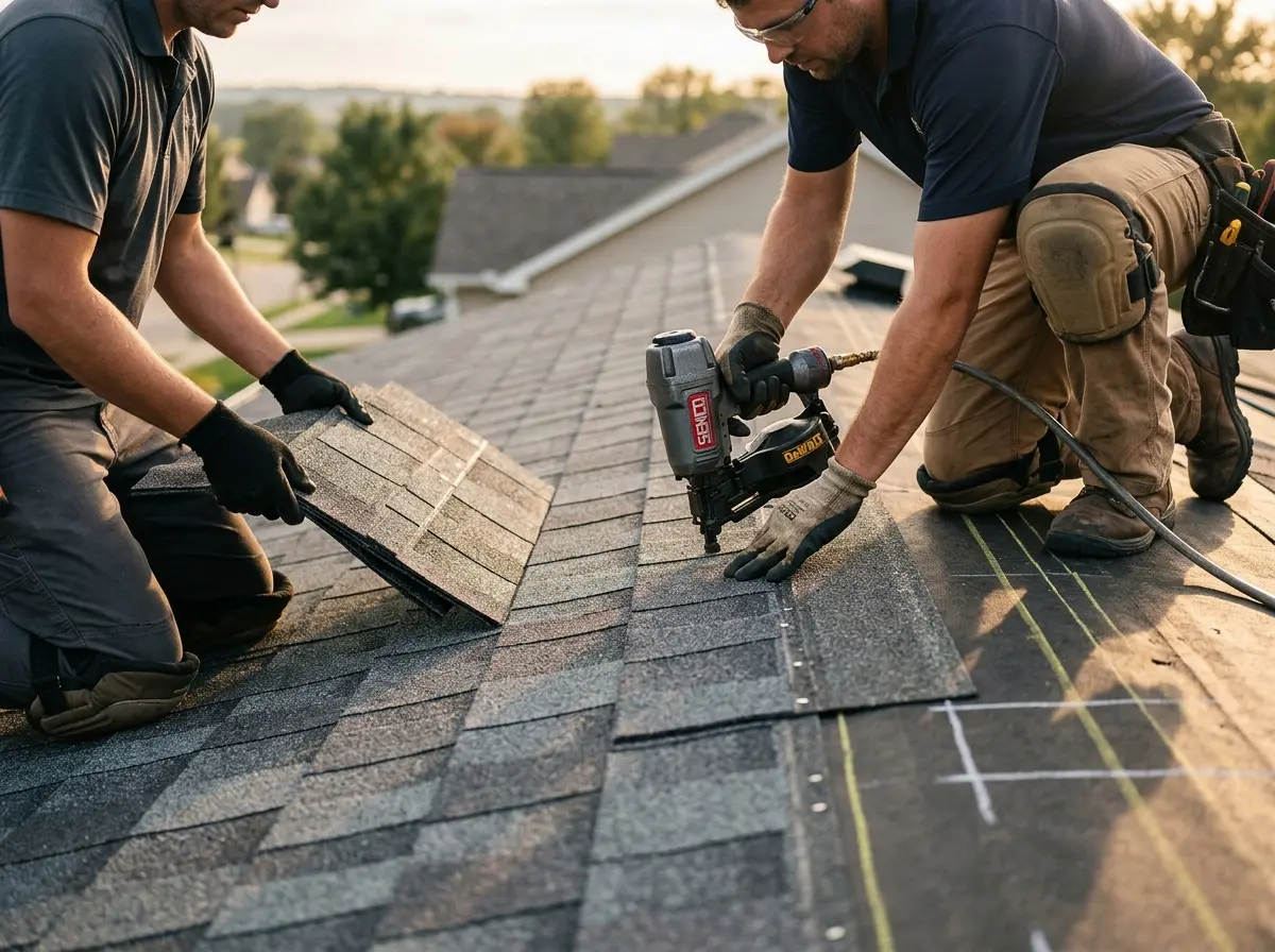 Professional roofer working on a residential roof in Holly Ridge